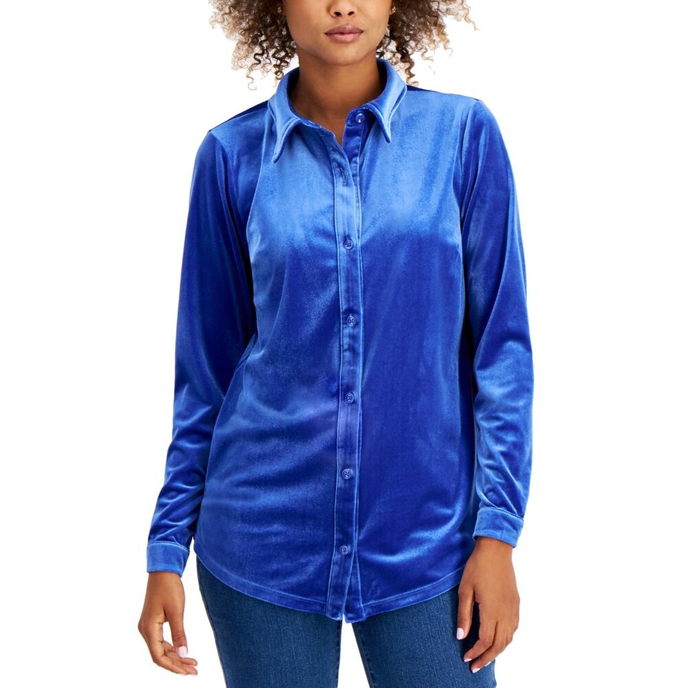 NWT Charter Club Womens Size Small XL Blue Stretch Velour Button-Down Shirt NEW